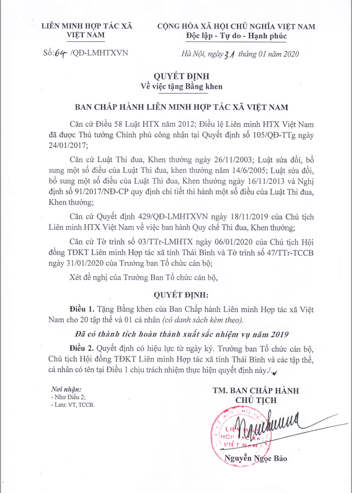 Quyết định số 64/QĐ-LMHTXVN ngày 31/01/2020 về việc tặng Bằng khen của Ban Chấp hành Liên minh Hợp tác xã Việt Nam