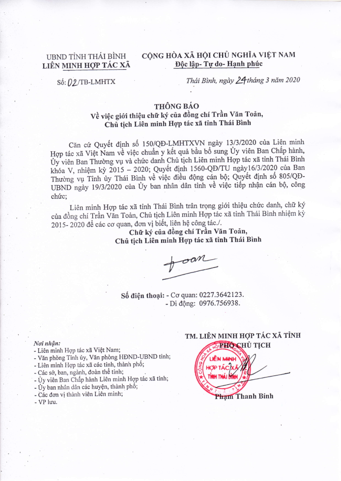 Thông báo chữ kí của đ/c Chủ tịch Liên minh Hợp tác xã tỉnh Thái Bình