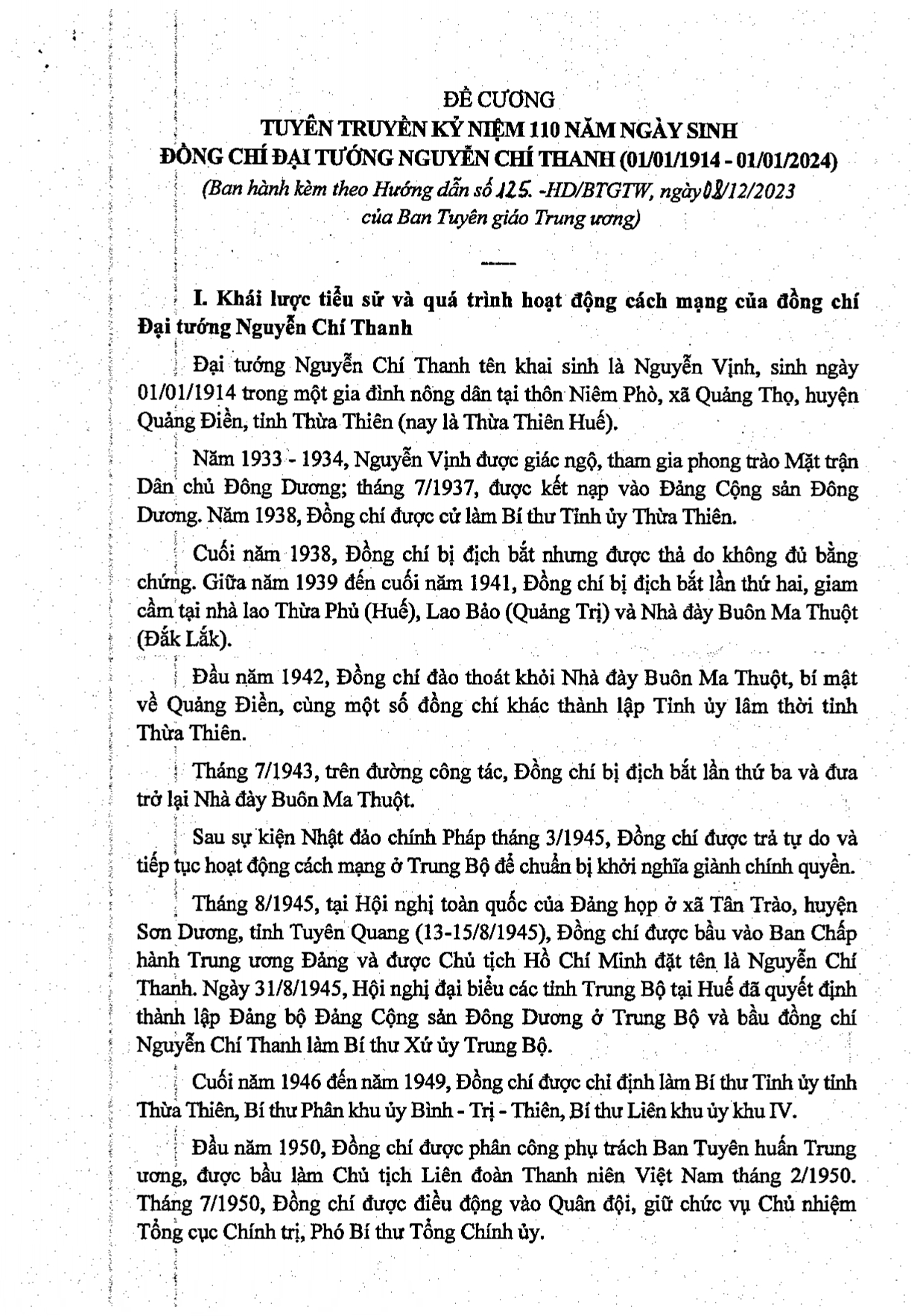 Đề cương tuyên truyền kỷ niệm 110 năm ngày sinh đồng chí Đại tướng Nguyễn Chí Thanh (01/01/1914 - 01/01/2024)