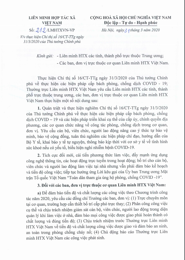 Công văn 212 của Liên minh HTX Việt Nam về việc thực hiện Chỉ thị số 16 của Thủ tướng Chính phủ